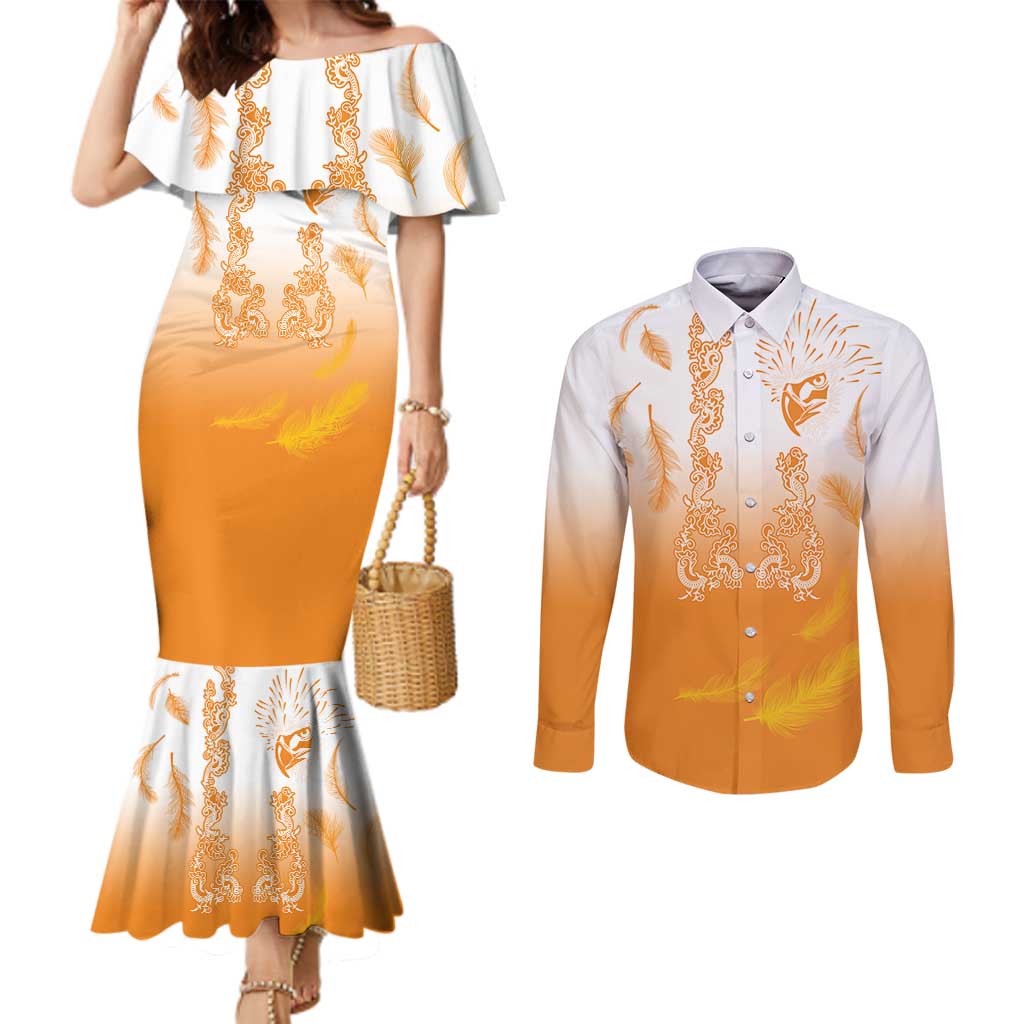 Philippines National Costume Style Couples Matching Mermaid Dress and Long Sleeve Button Shirt Barong Tagalog and Eagle Feather Orange Color