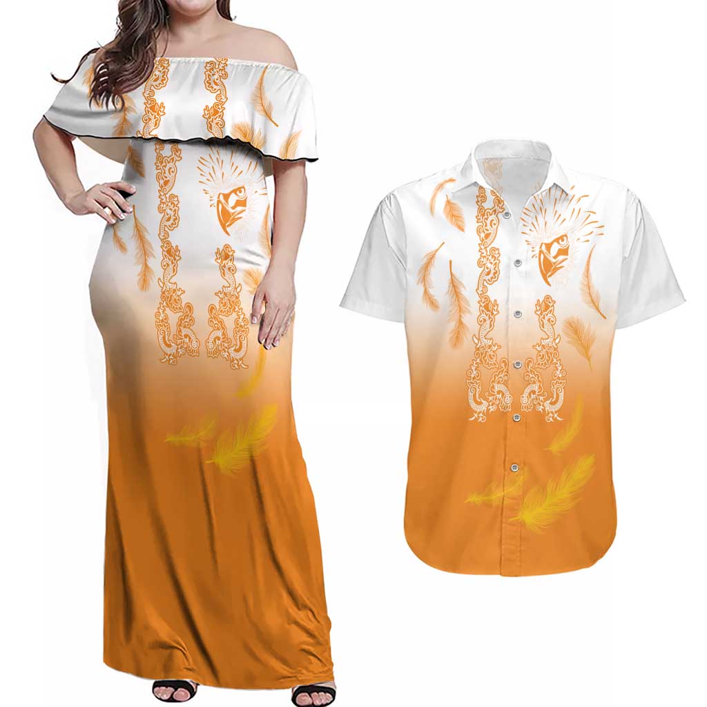 Philippines National Costume Style Couples Matching Off Shoulder Maxi Dress and Hawaiian Shirt Barong Tagalog and Eagle Feather Orange Color