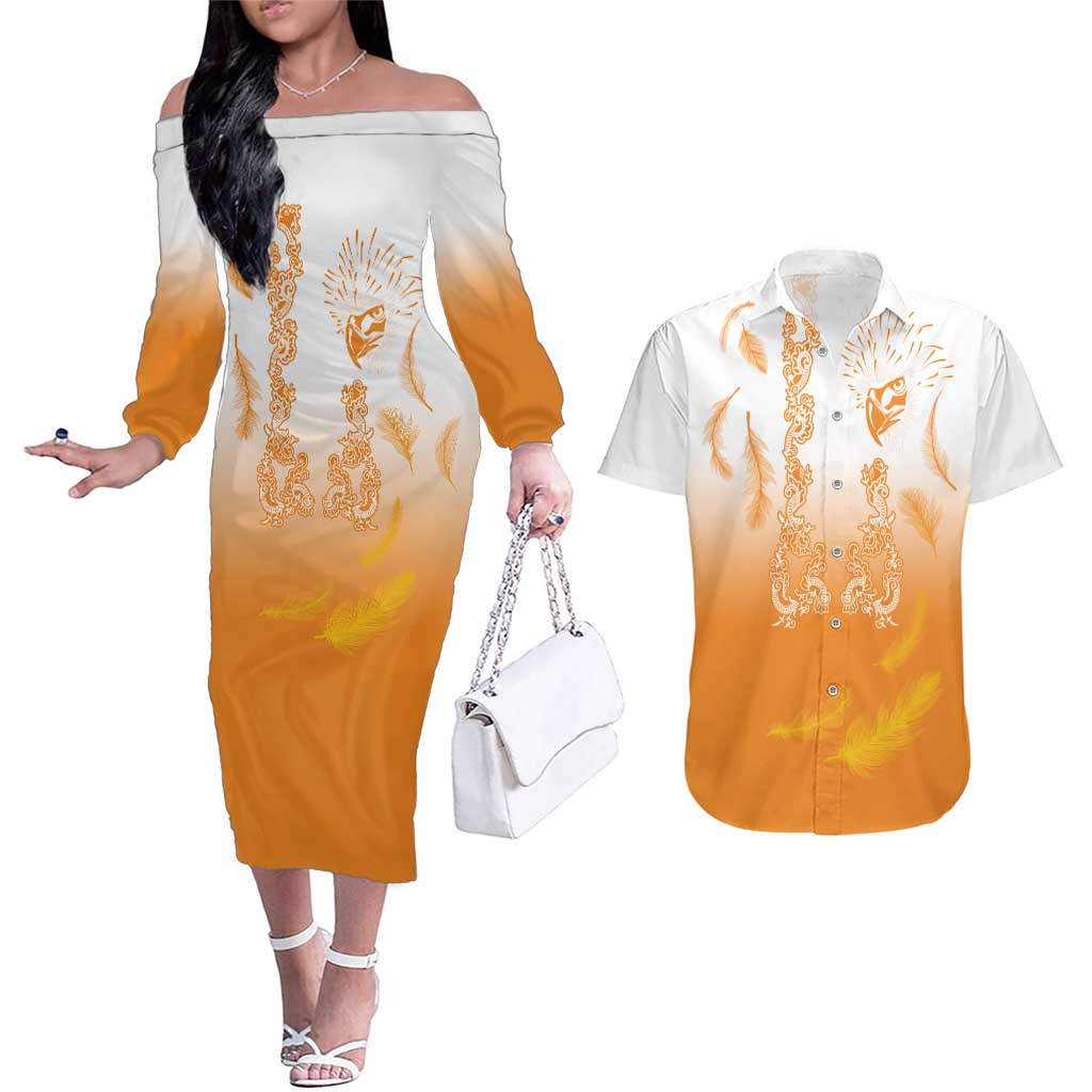 Philippines National Costume Style Couples Matching Off The Shoulder Long Sleeve Dress and Hawaiian Shirt Barong Tagalog and Eagle Feather Orange Color