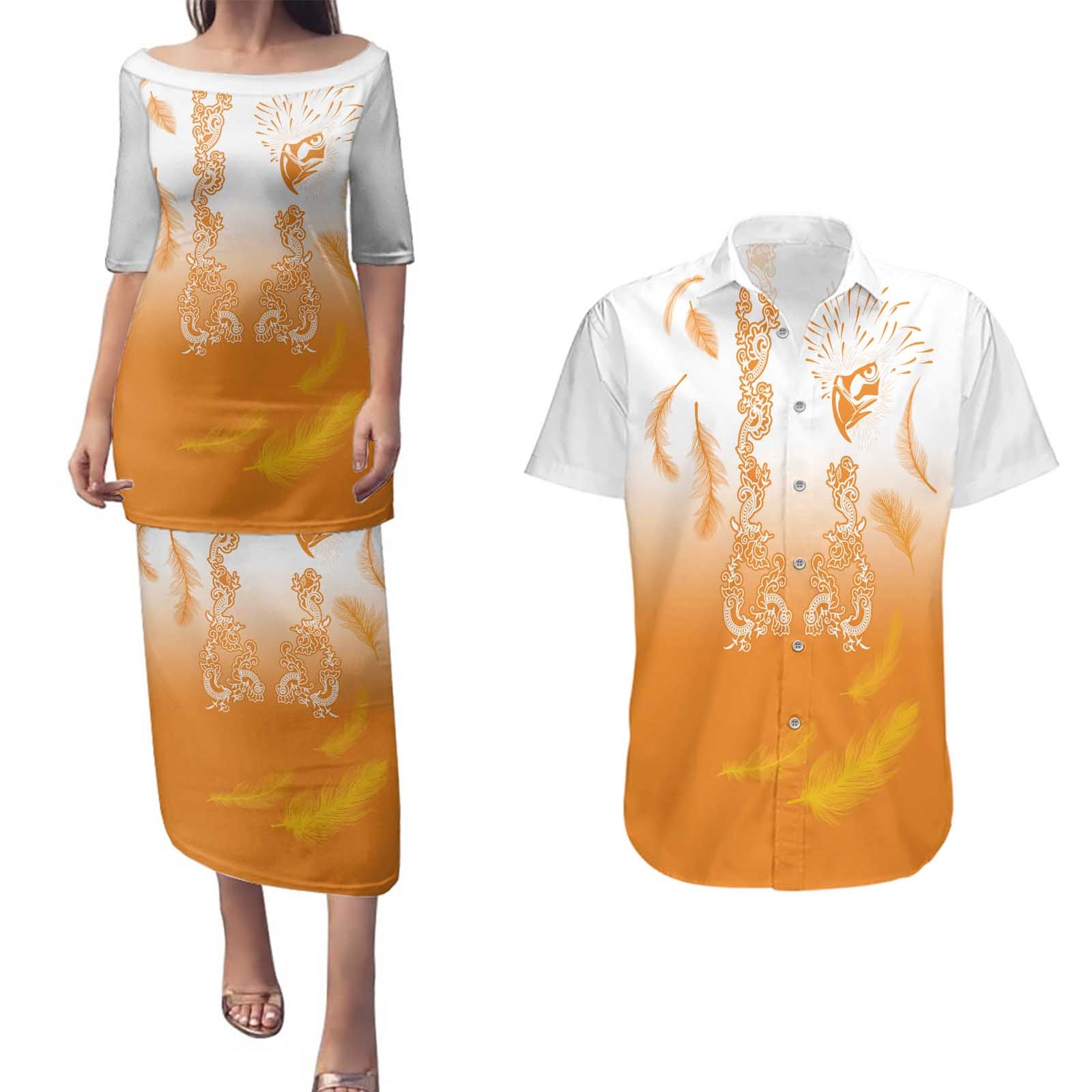 Philippines National Costume Style Couples Matching Puletasi and Hawaiian Shirt Barong Tagalog and Eagle Feather Orange Color