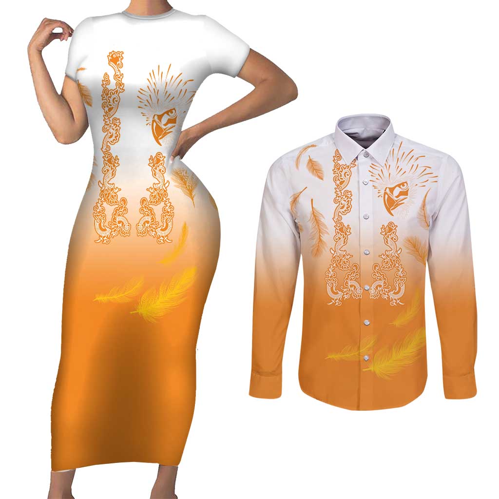 Philippines National Costume Style Couples Matching Short Sleeve Bodycon Dress and Long Sleeve Button Shirt Barong Tagalog and Eagle Feather Orange Color
