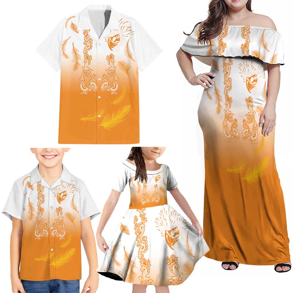 Philippines National Costume Style Family Matching Off Shoulder Maxi Dress and Hawaiian Shirt Barong Tagalog and Eagle Feather Orange Color