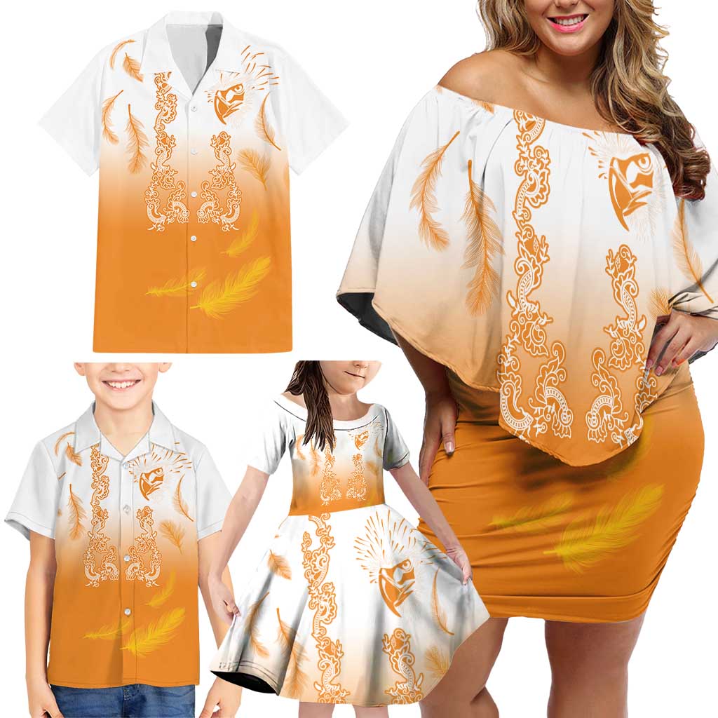 Philippines National Costume Style Family Matching Off Shoulder Short Dress and Hawaiian Shirt Barong Tagalog and Eagle Feather Orange Color