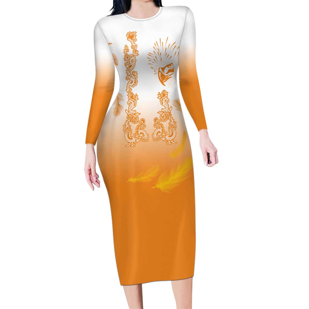 Philippines National Costume Style Long Sleeve Bodycon Dress Barong Tagalog and Eagle Feather Orange Color