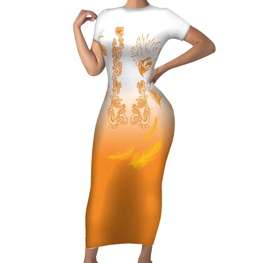 Philippines National Costume Style Short Sleeve Bodycon Dress Barong Tagalog and Eagle Feather Orange Color