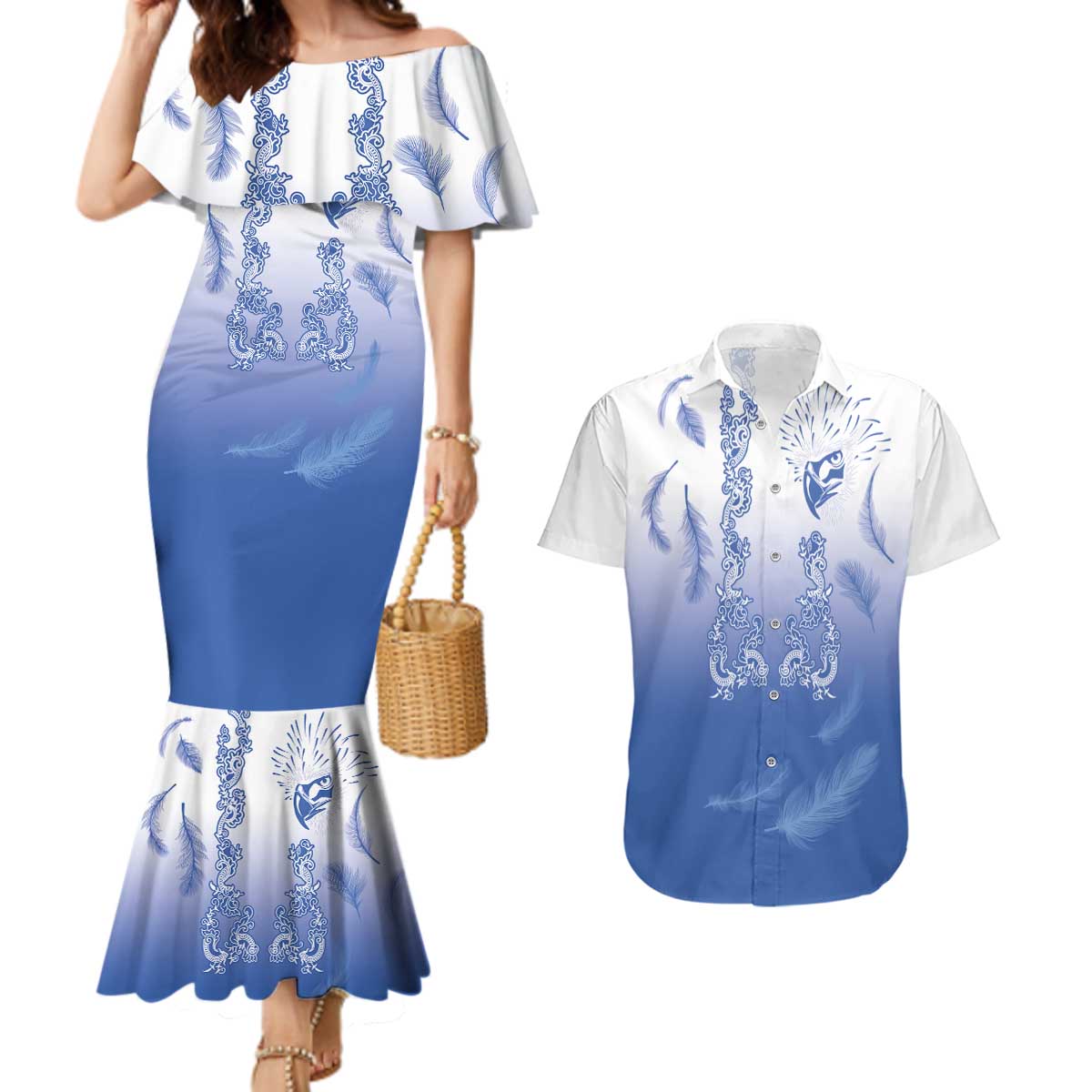 Philippines National Costume Style Couples Matching Mermaid Dress and Hawaiian Shirt Barong Tagalog and Eagle Feather Blue Color