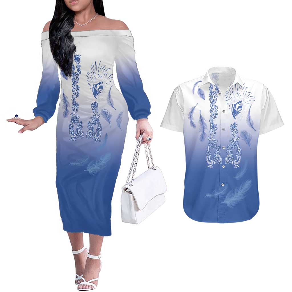 Philippines National Costume Style Couples Matching Off The Shoulder Long Sleeve Dress and Hawaiian Shirt Barong Tagalog and Eagle Feather Blue Color