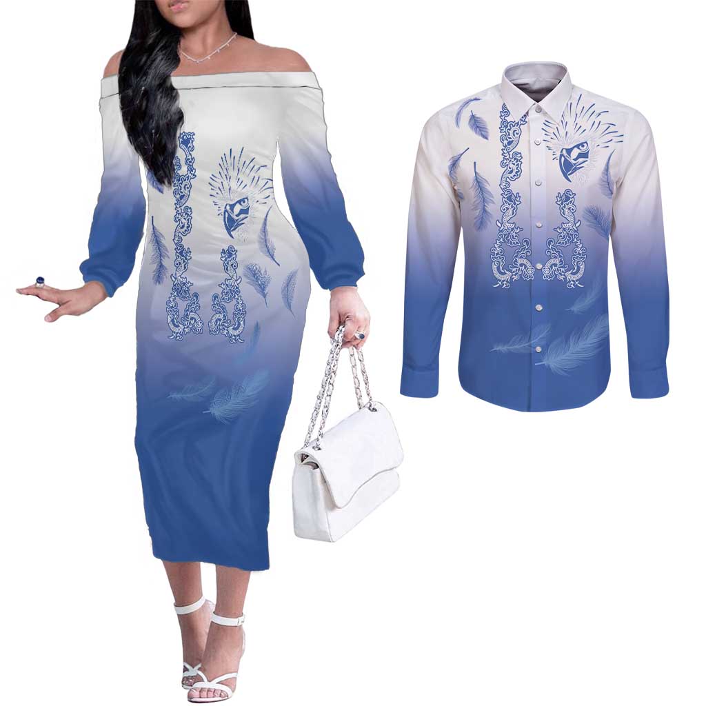 Philippines National Costume Style Couples Matching Off The Shoulder Long Sleeve Dress and Long Sleeve Button Shirt Barong Tagalog and Eagle Feather Blue Color