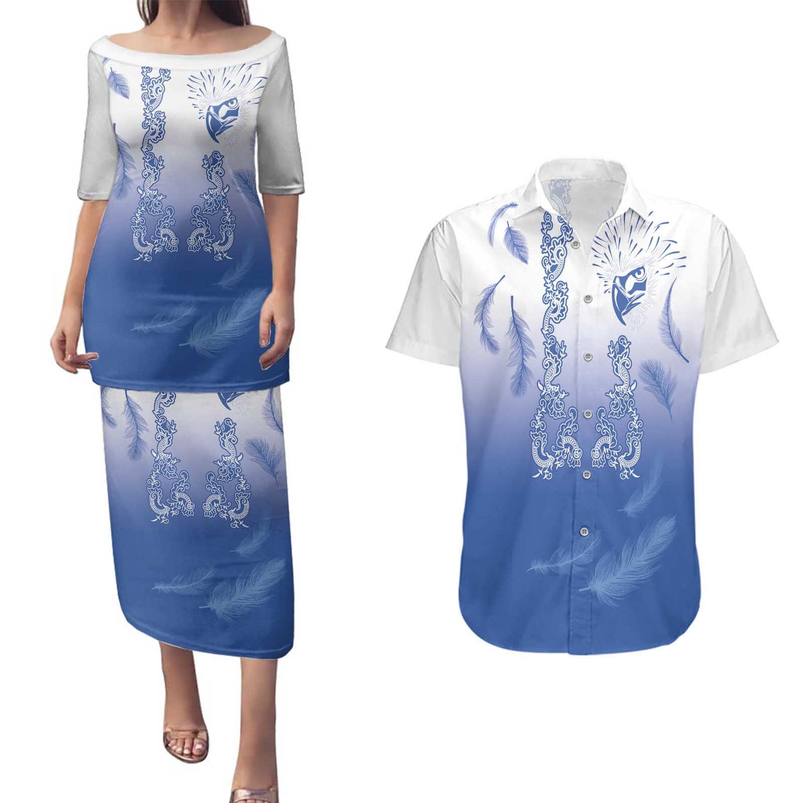 Philippines National Costume Style Couples Matching Puletasi and Hawaiian Shirt Barong Tagalog and Eagle Feather Blue Color