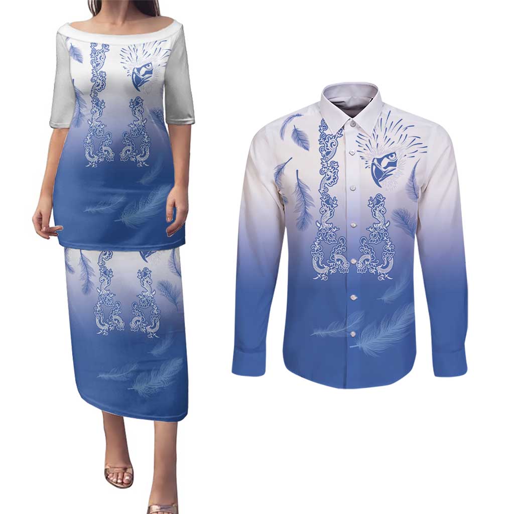 Philippines National Costume Style Couples Matching Puletasi and Long Sleeve Button Shirt Barong Tagalog and Eagle Feather Blue Color