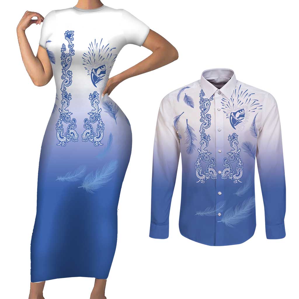 Philippines National Costume Style Couples Matching Short Sleeve Bodycon Dress and Long Sleeve Button Shirt Barong Tagalog and Eagle Feather Blue Color