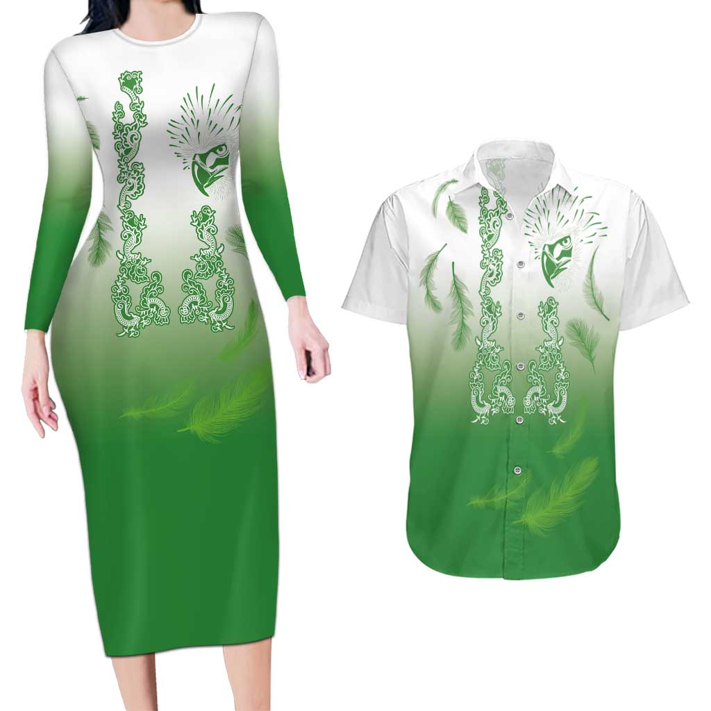 Philippines National Costume Style Couples Matching Long Sleeve Bodycon Dress and Hawaiian Shirt Barong Tagalog and Eagle Feather Green Color