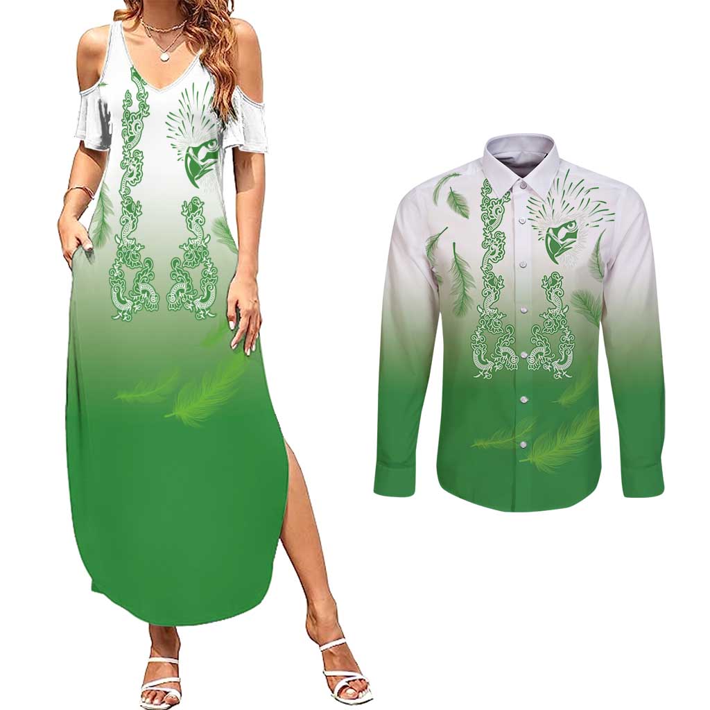 Philippines National Costume Style Couples Matching Summer Maxi Dress and Long Sleeve Button Shirt Barong Tagalog and Eagle Feather Green Color
