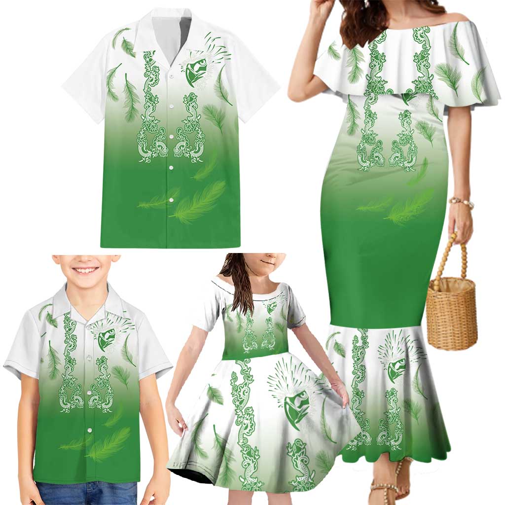 Philippines National Costume Style Family Matching Mermaid Dress and Hawaiian Shirt Barong Tagalog and Eagle Feather Green Color