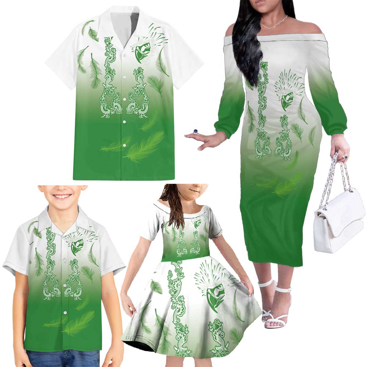 Philippines National Costume Style Family Matching Off The Shoulder Long Sleeve Dress and Hawaiian Shirt Barong Tagalog and Eagle Feather Green Color