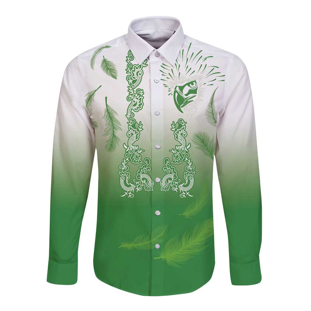 Philippines National Costume Style Long Sleeve Button Shirt Barong Tagalog and Eagle Feather Green Color