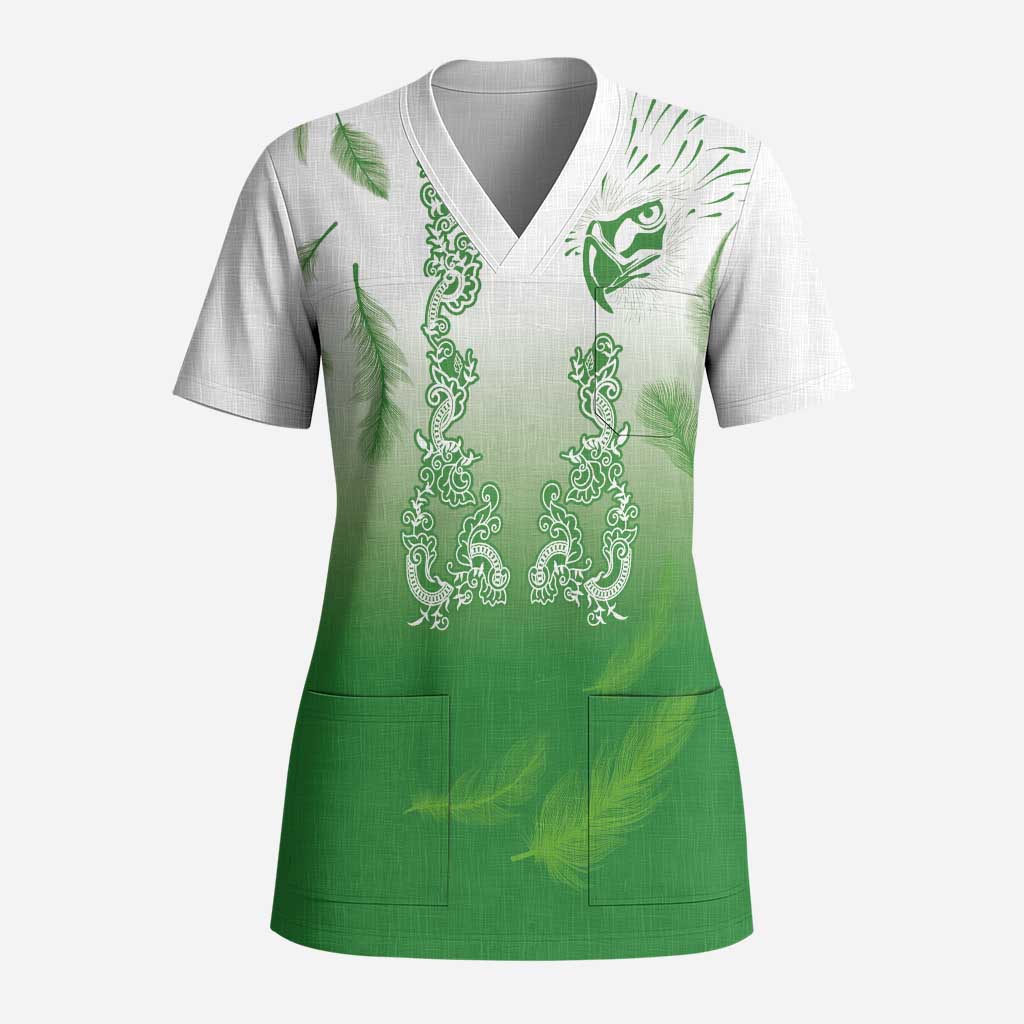 Philippines National Costume Style Scrub Top Barong Tagalog and Eagle Feather Green Color - Polynesian Pride