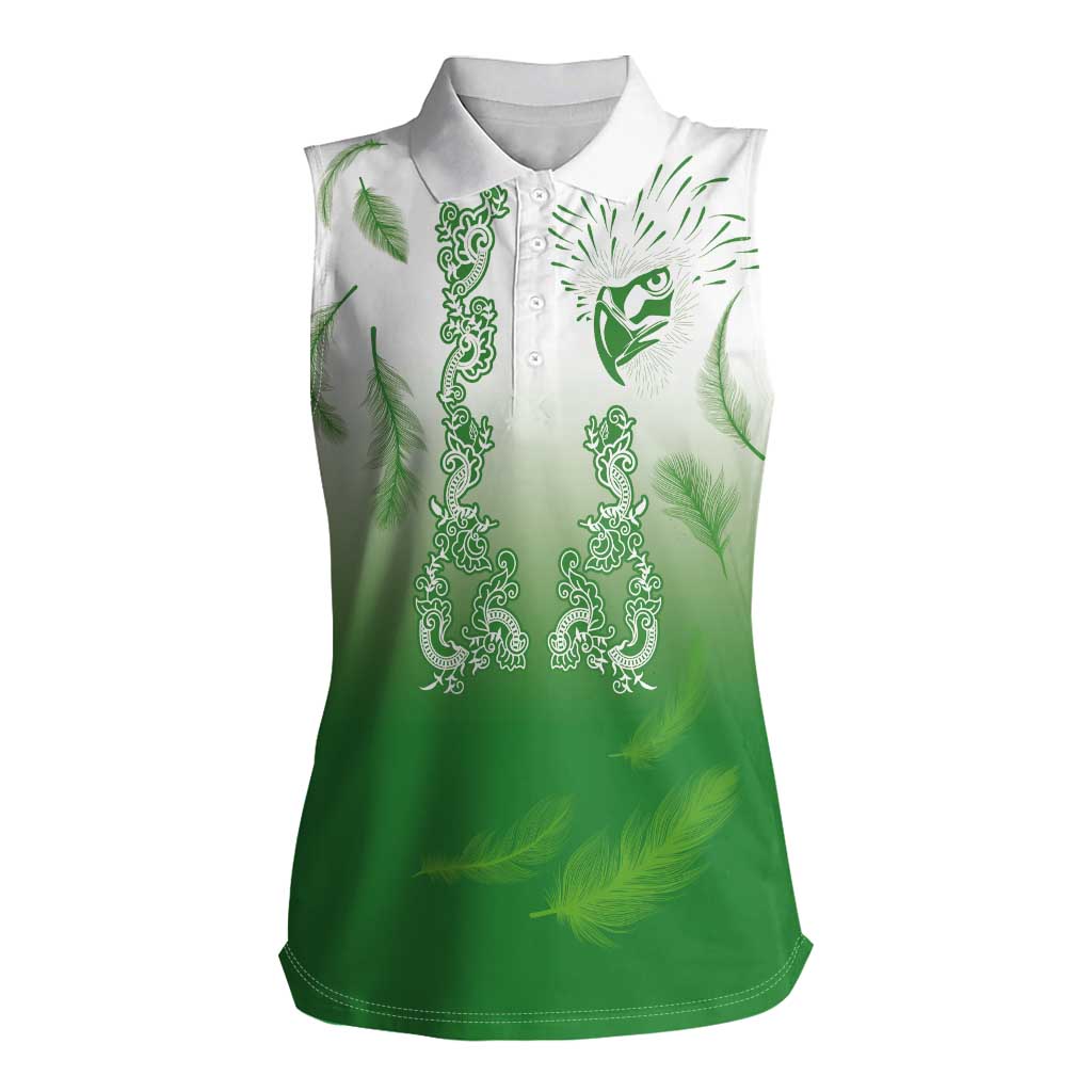 Philippines National Costume Style Women Sleeveless Polo Shirt Barong Tagalog and Eagle Feather Green Color