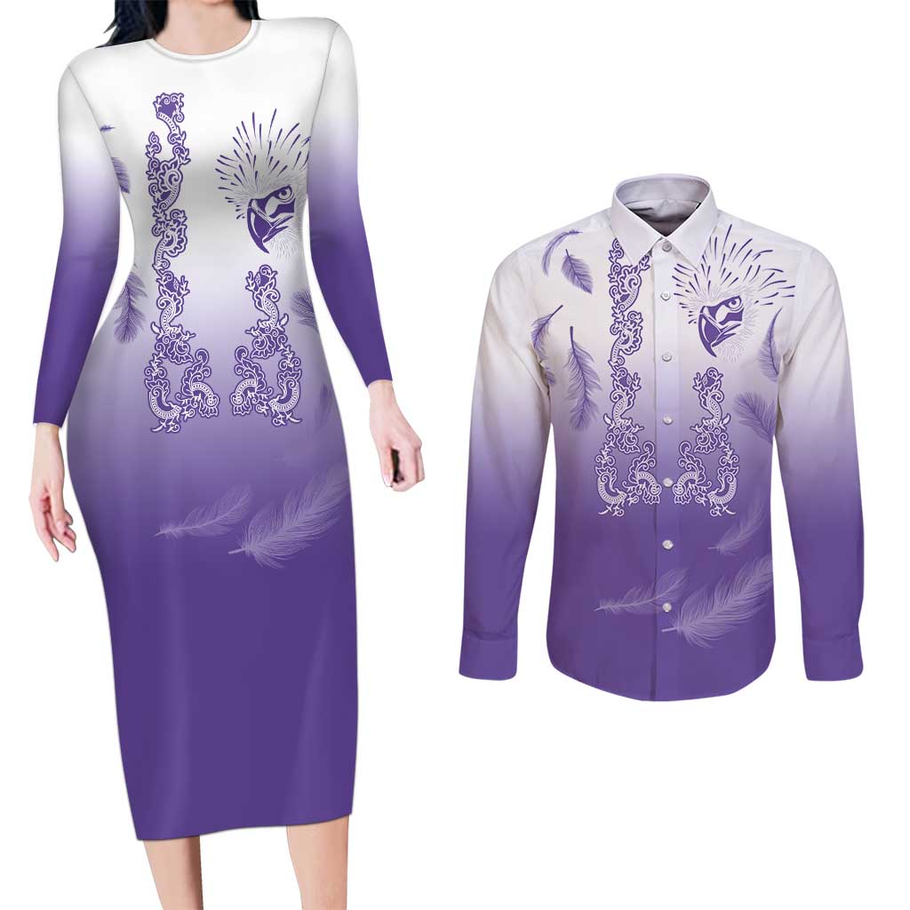 Philippines National Costume Style Couples Matching Long Sleeve Bodycon Dress and Long Sleeve Button Shirt Barong Tagalog and Eagle Feather Purple Color