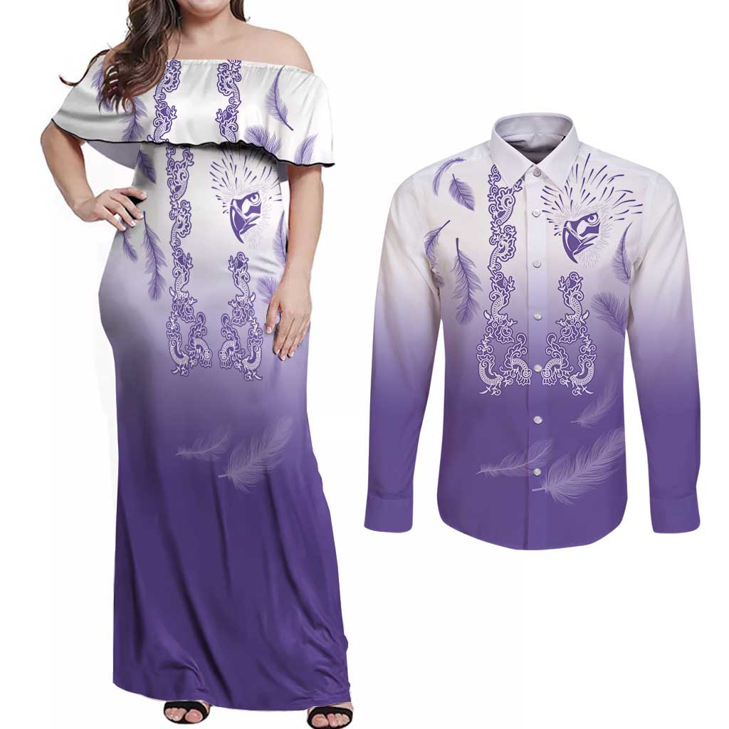 Philippines National Costume Style Couples Matching Off Shoulder Maxi Dress and Long Sleeve Button Shirt Barong Tagalog and Eagle Feather Purple Color
