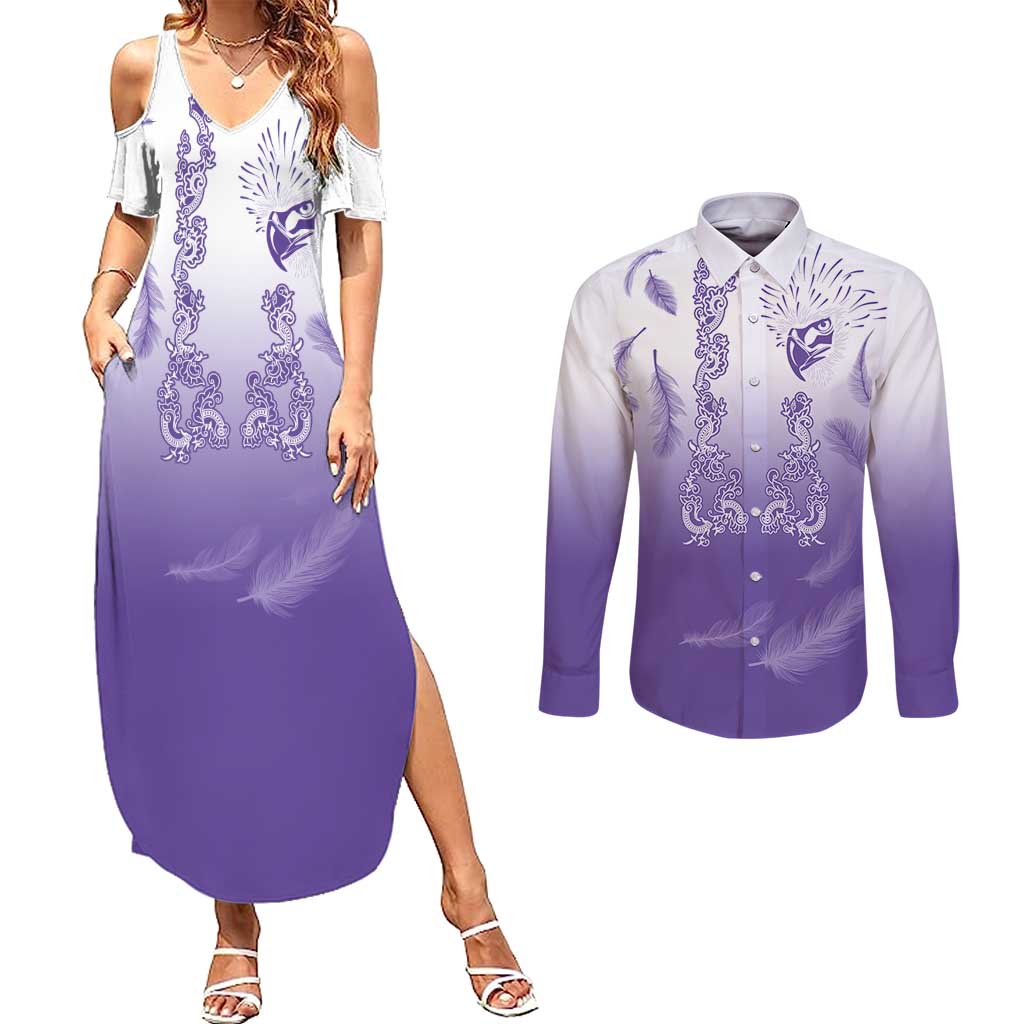 Philippines National Costume Style Couples Matching Summer Maxi Dress and Long Sleeve Button Shirt Barong Tagalog and Eagle Feather Purple Color