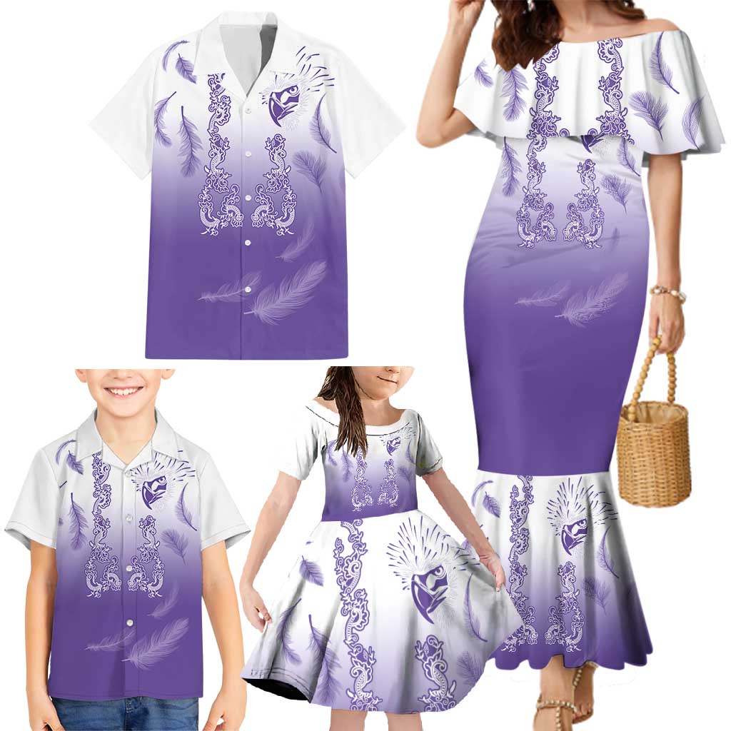 Philippines National Costume Style Family Matching Mermaid Dress and Hawaiian Shirt Barong Tagalog and Eagle Feather Purple Color