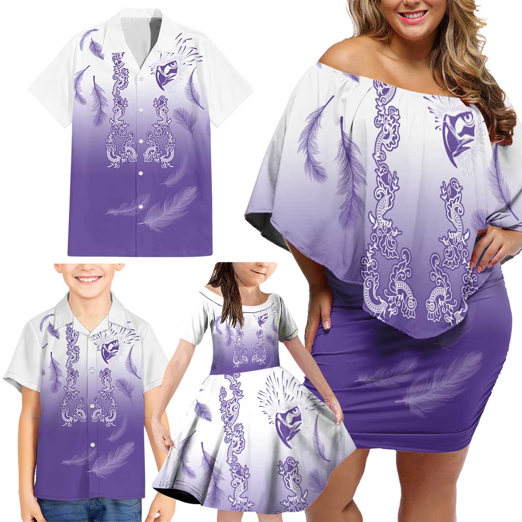 Philippines National Costume Style Family Matching Off Shoulder Short Dress and Hawaiian Shirt Barong Tagalog and Eagle Feather Purple Color