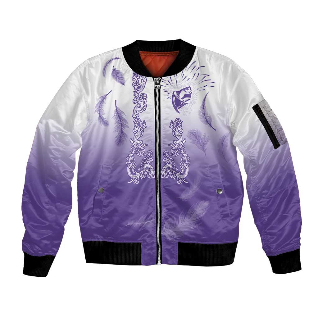 Philippines National Costume Style Sleeve Zip Bomber Jacket Barong Tagalog and Eagle Feather Purple Color