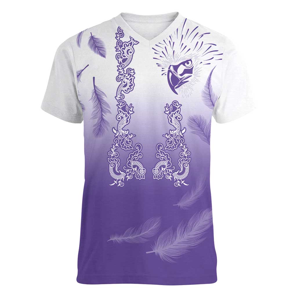 Philippines National Costume Style Women V-Neck T-Shirt Barong Tagalog and Eagle Feather Purple Color