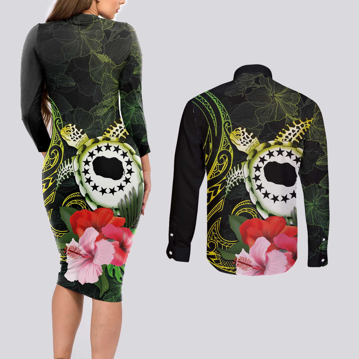 Kia Orana Cook Islands Couples Matching Long Sleeve Bodycon Dress and Long Sleeve Button Shirt Turtle and Hibiscus Polynesian Pattern