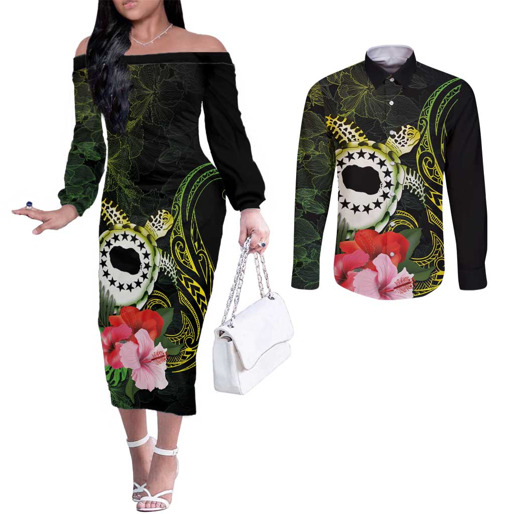 Kia Orana Cook Islands Couples Matching Off The Shoulder Long Sleeve Dress and Long Sleeve Button Shirt Turtle and Hibiscus Polynesian Pattern