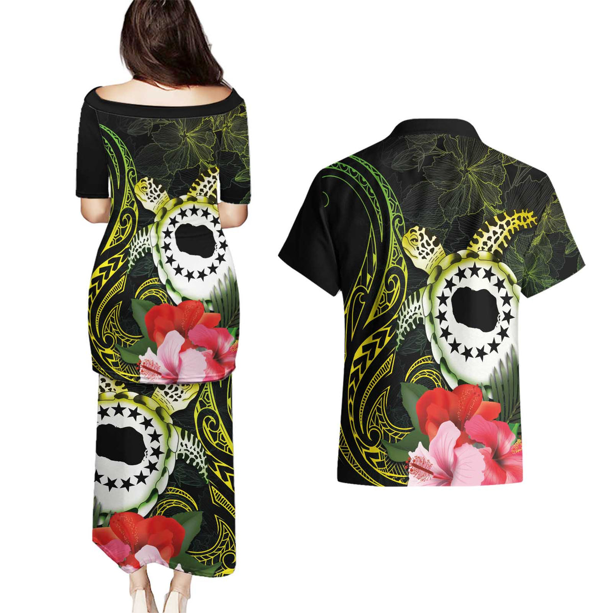 Kia Orana Cook Islands Couples Matching Puletasi and Hawaiian Shirt Turtle and Hibiscus Polynesian Pattern