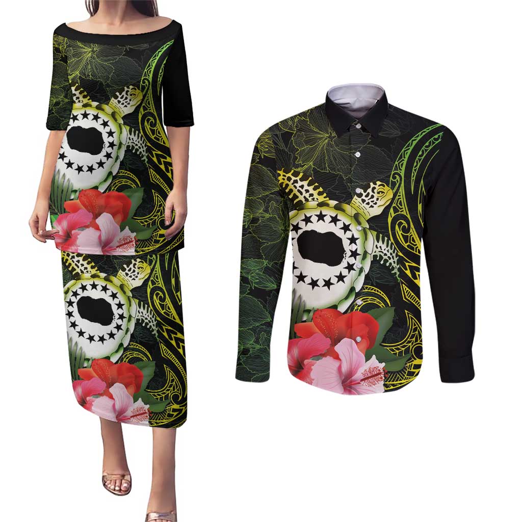Kia Orana Cook Islands Couples Matching Puletasi and Long Sleeve Button Shirt Turtle and Hibiscus Polynesian Pattern