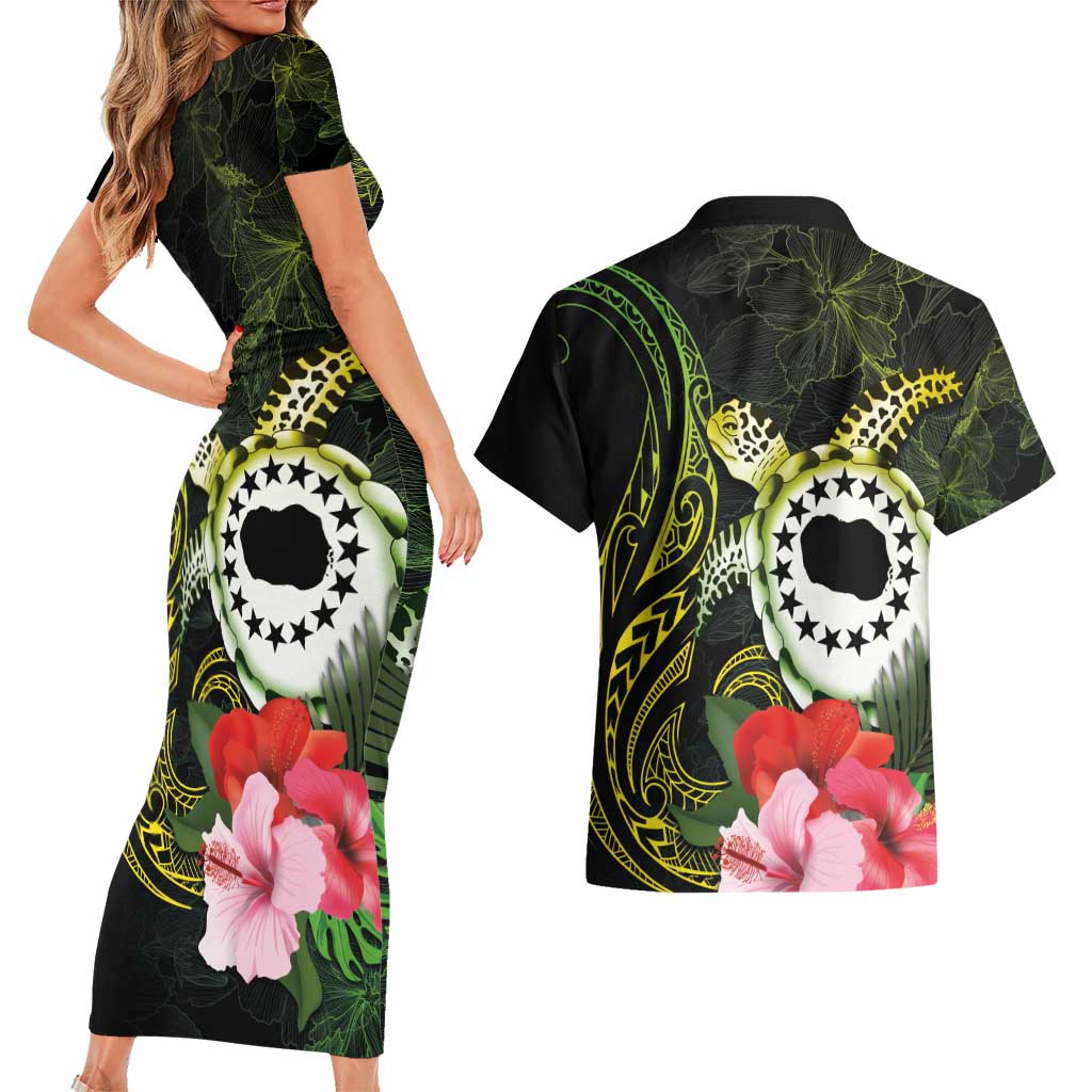 Kia Orana Cook Islands Couples Matching Short Sleeve Bodycon Dress and Hawaiian Shirt Turtle and Hibiscus Polynesian Pattern