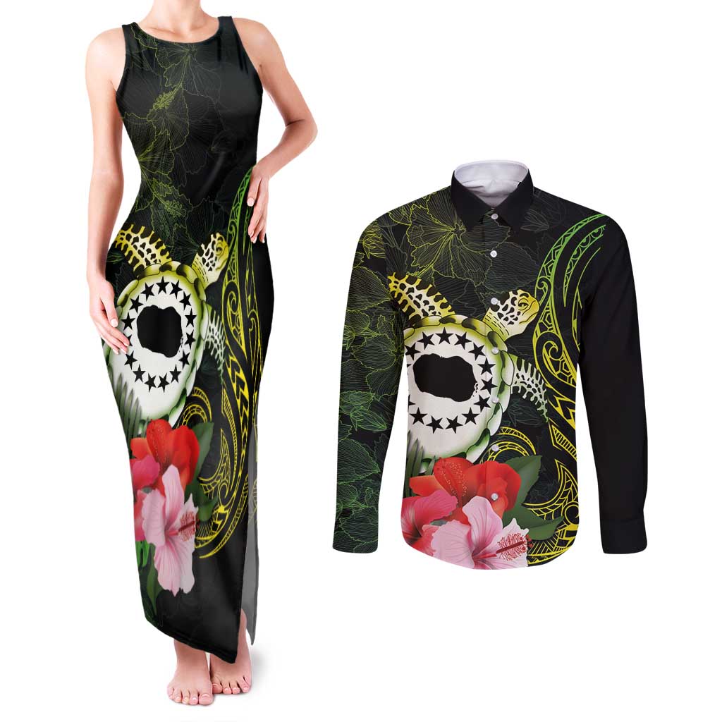 Kia Orana Cook Islands Couples Matching Tank Maxi Dress and Long Sleeve Button Shirt Turtle and Hibiscus Polynesian Pattern