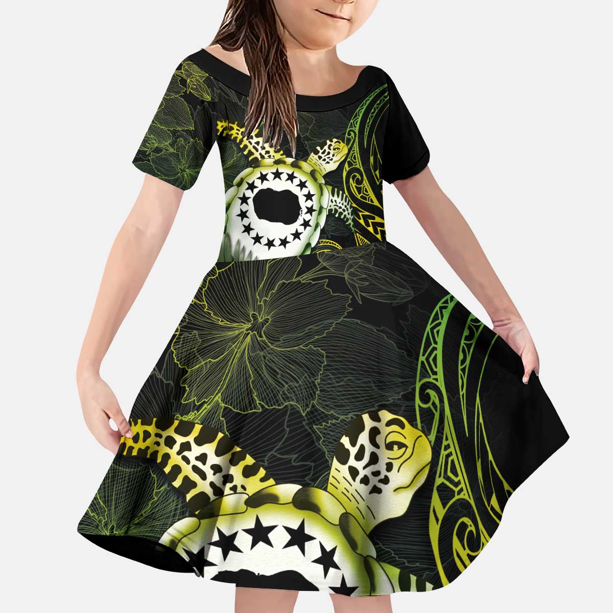 Kia Orana Cook Islands Kid Short Sleeve Dress Turtle and Hibiscus Polynesian Pattern LT03 KID Yellow - Polynesian Pride