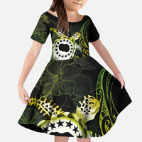 Kia Orana Cook Islands Kid Short Sleeve Dress Turtle and Hibiscus Polynesian Pattern LT03 KID Yellow - Polynesian Pride