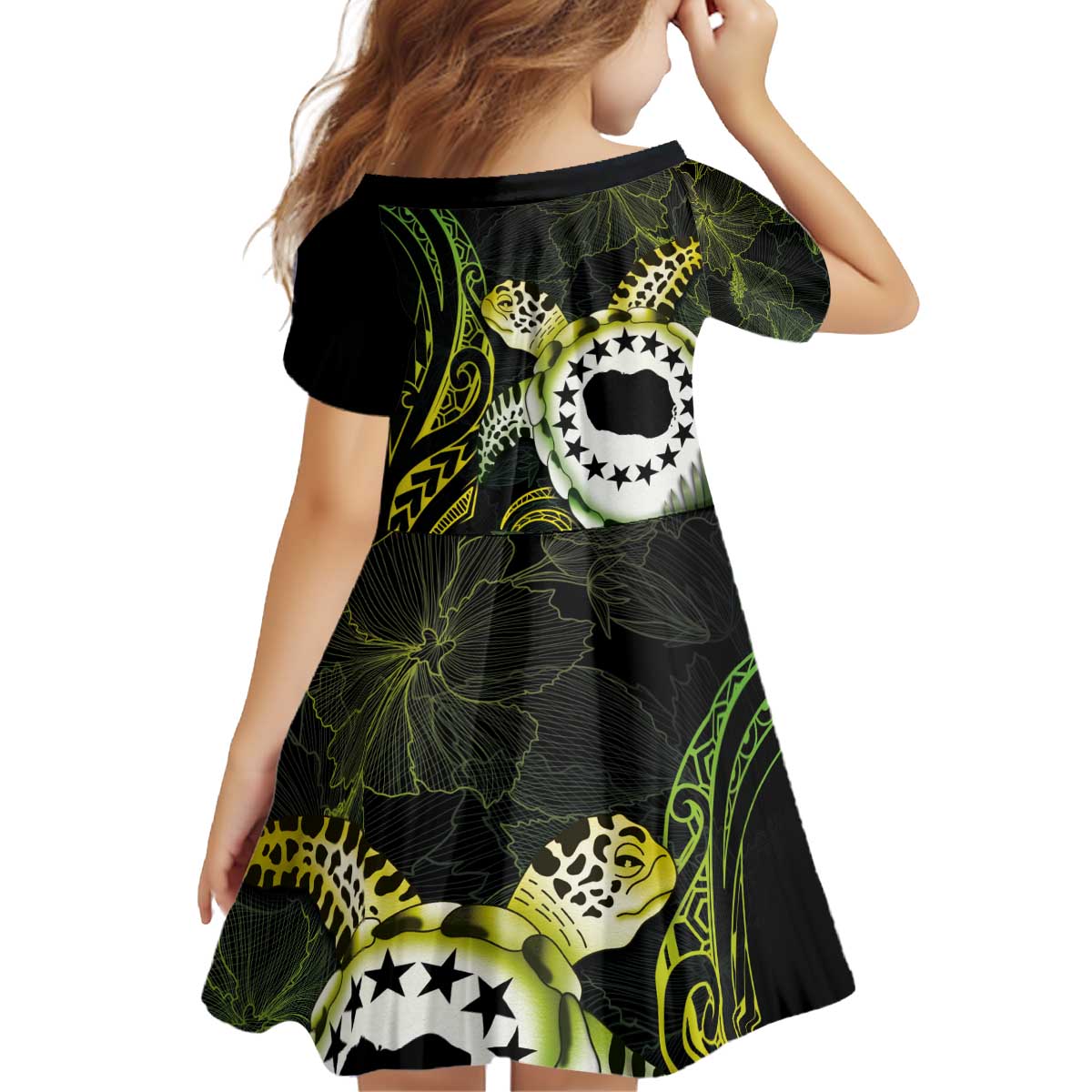 Kia Orana Cook Islands Kid Short Sleeve Dress Turtle and Hibiscus Polynesian Pattern LT03 - Polynesian Pride