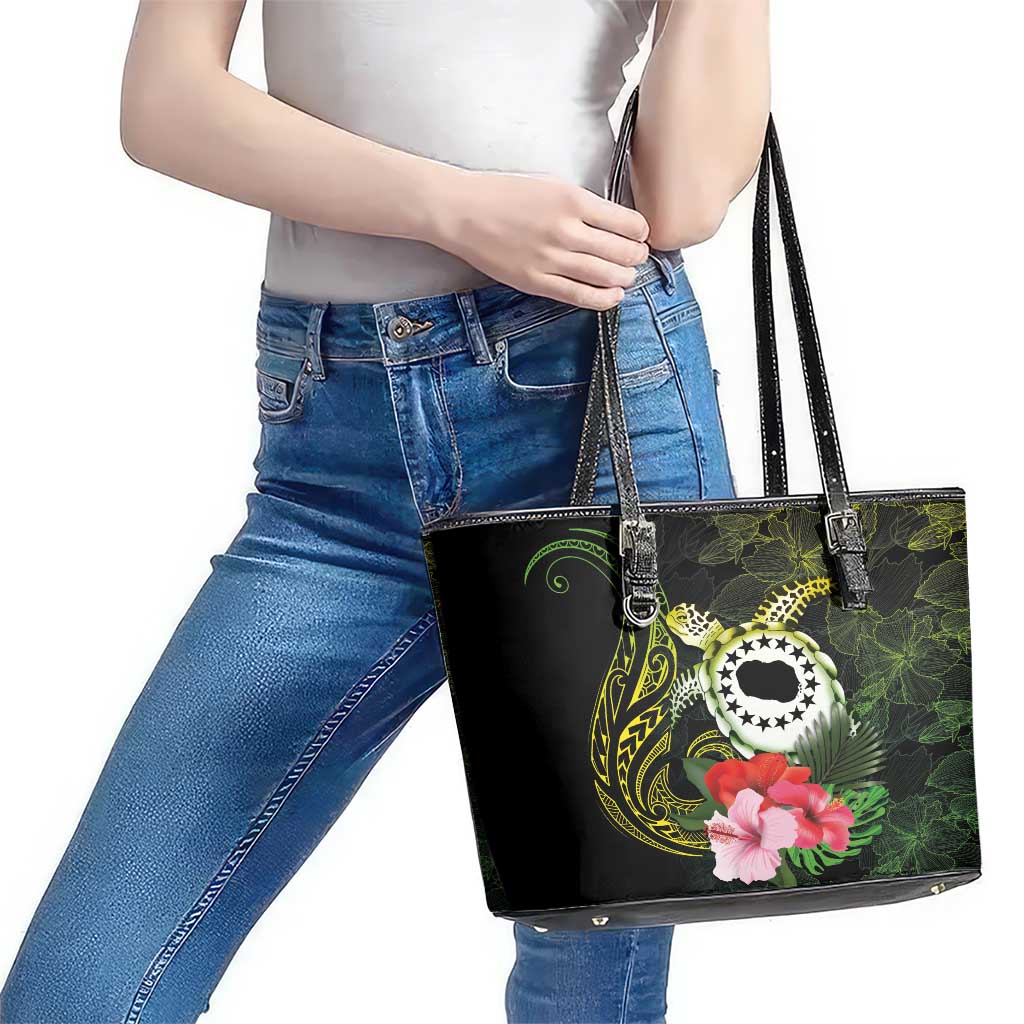 Kia Orana Cook Islands Leather Tote Bag Turtle and Hibiscus Polynesian Pattern