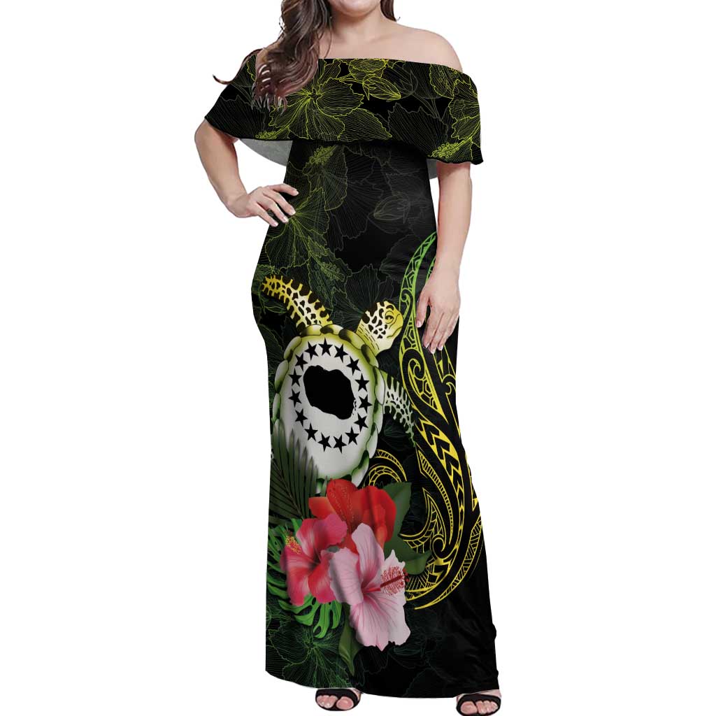 Kia Orana Cook Islands Off Shoulder Maxi Dress Turtle and Hibiscus Polynesian Pattern LT03 Women Yellow - Polynesian Pride