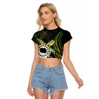 Kia Orana Cook Islands Raglan Cropped T Shirt Turtle and Hibiscus Polynesian Pattern LT03 Female Yellow - Polynesian Pride