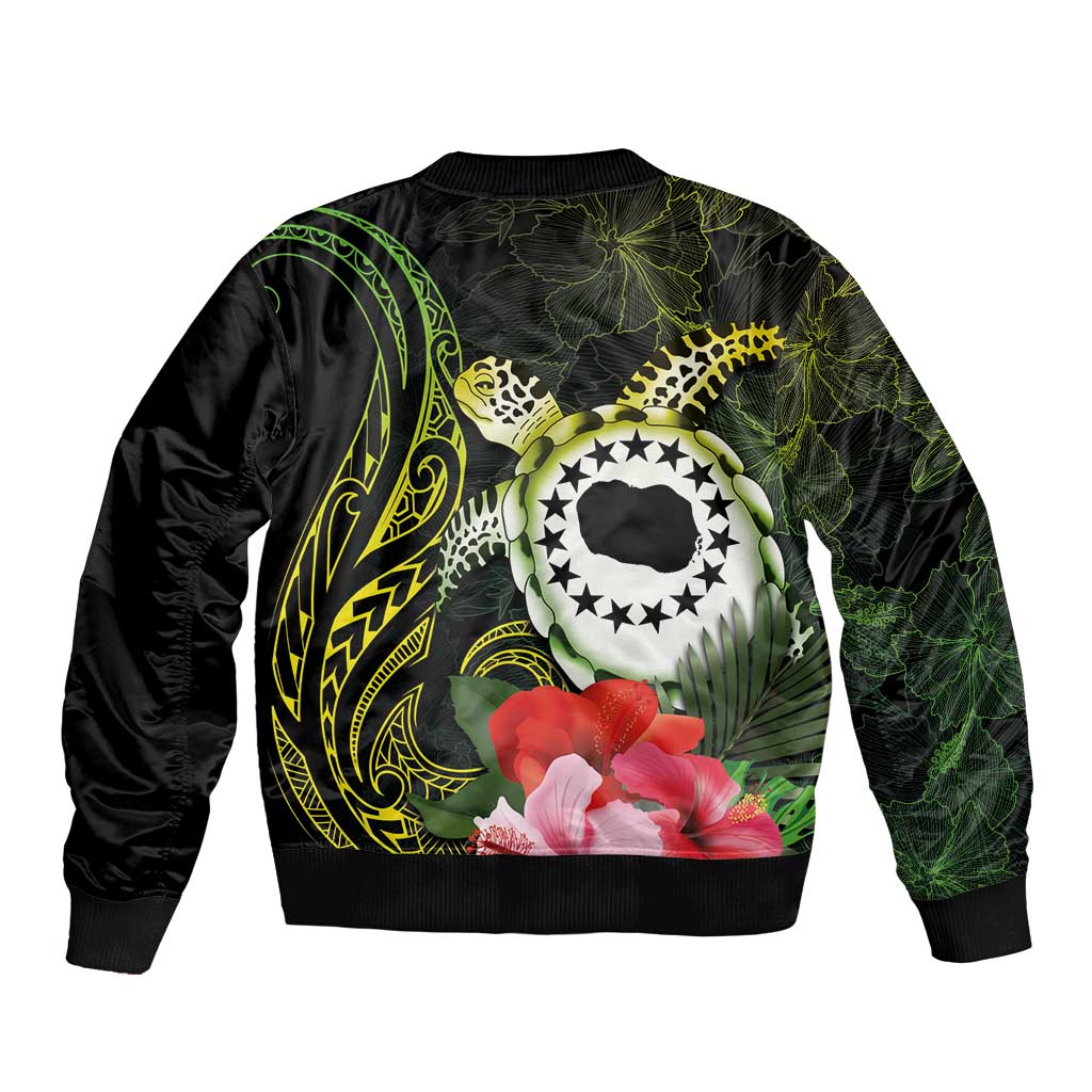 Kia Orana Cook Islands Sleeve Zip Bomber Jacket Turtle and Hibiscus Polynesian Pattern