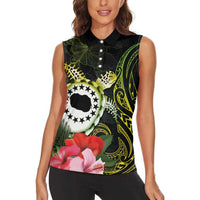 Kia Orana Cook Islands Women Sleeveless Polo Shirt Turtle and Hibiscus Polynesian Pattern LT03 - Polynesian Pride