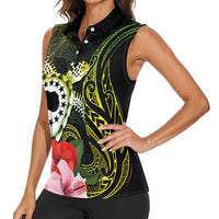 Kia Orana Cook Islands Women Sleeveless Polo Shirt Turtle and Hibiscus Polynesian Pattern LT03 - Polynesian Pride