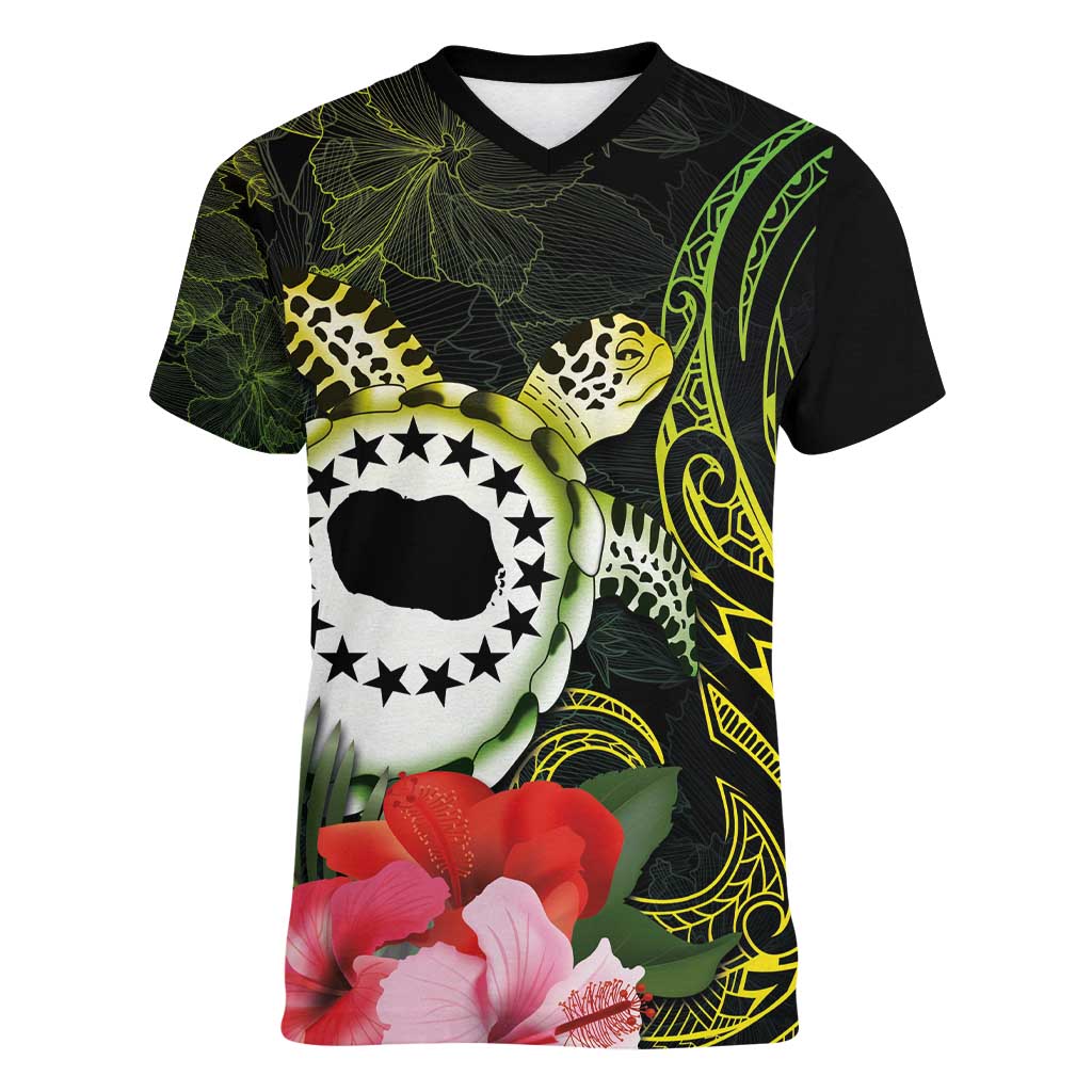 Kia Orana Cook Islands Women V-Neck T-Shirt Turtle and Hibiscus Polynesian Pattern