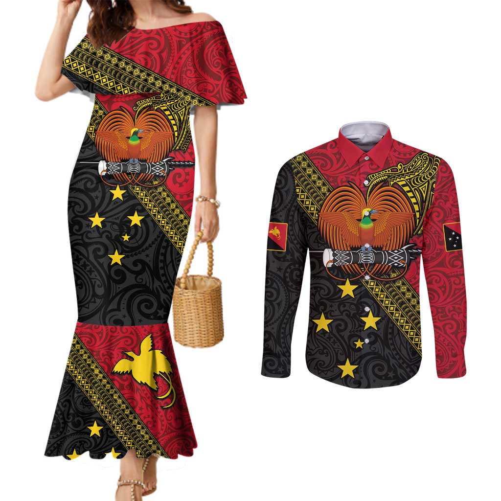 Papua new Guinea Goroka Show Couples Matching Mermaid Dress and Long Sleeve Button Shirt Bird-of-paradise and Melanesian Tattoo Pattern