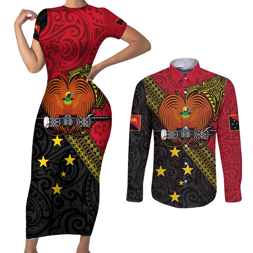 Papua new Guinea Goroka Show Couples Matching Short Sleeve Bodycon Dress and Long Sleeve Button Shirt Bird-of-paradise and Melanesian Tattoo Pattern