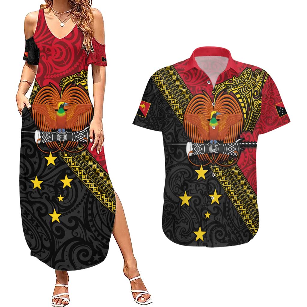 Papua new Guinea Goroka Show Couples Matching Summer Maxi Dress and Hawaiian Shirt Bird-of-paradise and Melanesian Tattoo Pattern