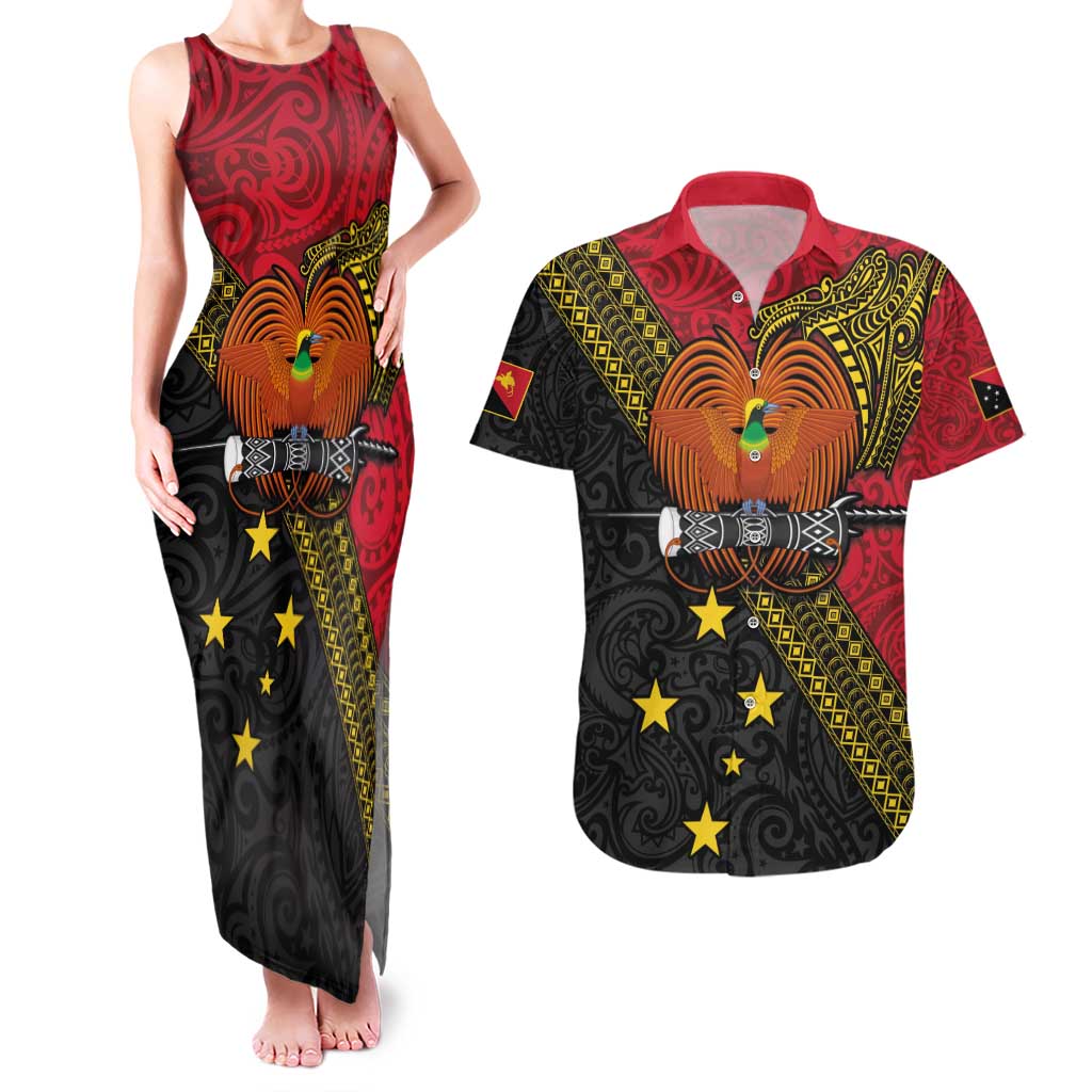 Papua new Guinea Goroka Show Couples Matching Tank Maxi Dress and Hawaiian Shirt Bird-of-paradise and Melanesian Tattoo Pattern