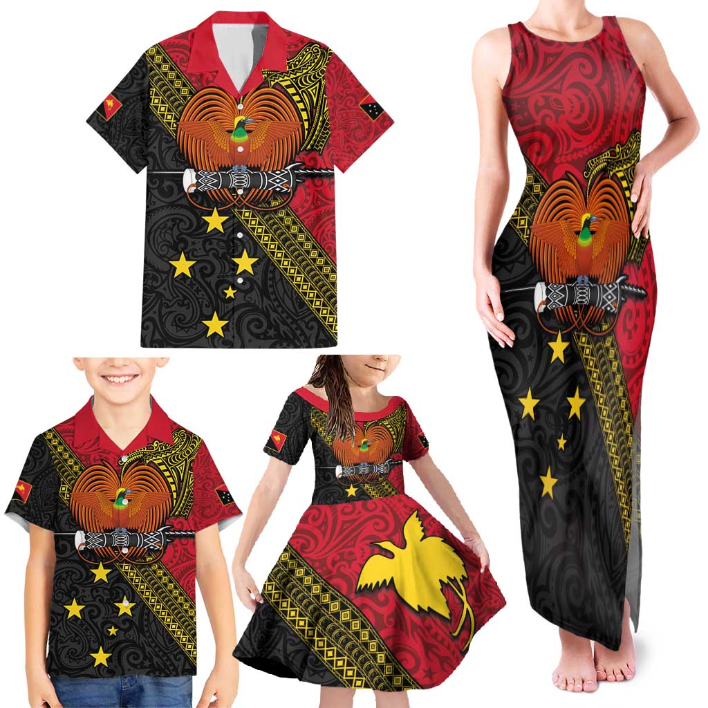 Papua new Guinea Goroka Show Family Matching Tank Maxi Dress and Hawaiian Shirt Bird-of-paradise and Melanesian Tattoo Pattern
